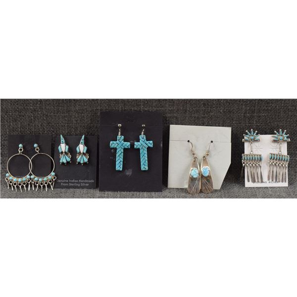 FIVE SETS OF NATIVE AMERICAN SILVER AND TURQUOISE EARRINGS