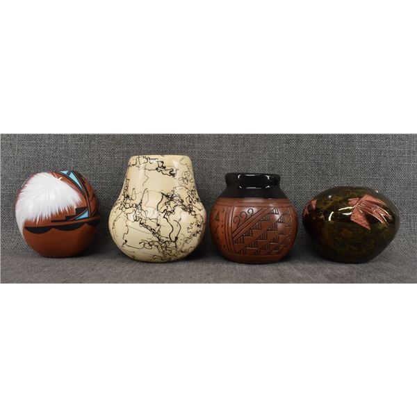 THREE CERAMIC ITEMS AND ONE JEMEZ POTTERY SEED JAR.