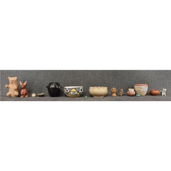 TWELVE MISCELLANEOUS POTTERY PIECES, TWO FETISHES TWO HORSE HAIR BASKETS