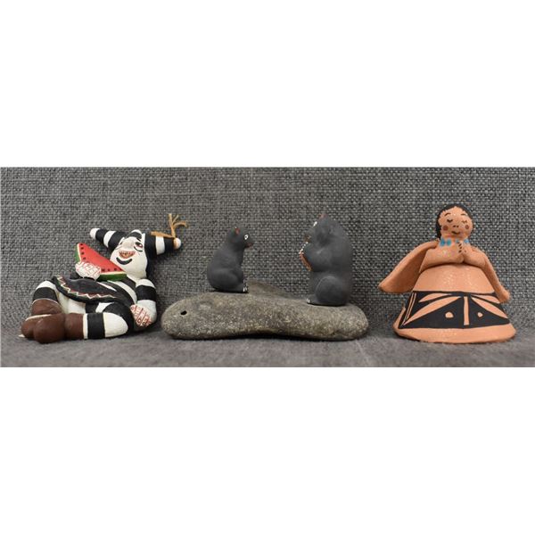 TWO NATIVE AMERICAN POTTERY PIECES, ONE DECORATIVE CLOWN