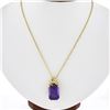 14k Yellow Gold Large Emerald Cut Amethyst w/ Diamond Bow Ribbon Pendant & Chain