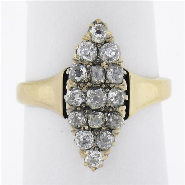 Antique Victorian Gold 1.6 ctw Old Mine Cut Diamond Navette Marquise Cocktail Ri