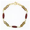 Italian Vintage 18K Yellow Gold Red Enamel & Pearl Detailed Fancy Link Bracelet