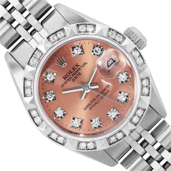 Rolex Ladies Stainless Steel Salmon Diamond Date Wristwatch 26MM