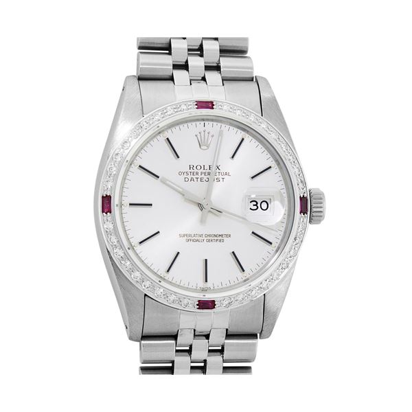 Rolex Mens Stainless Steel Silver Index 18K White Gold Diamond & Ruby Bezel 36MM