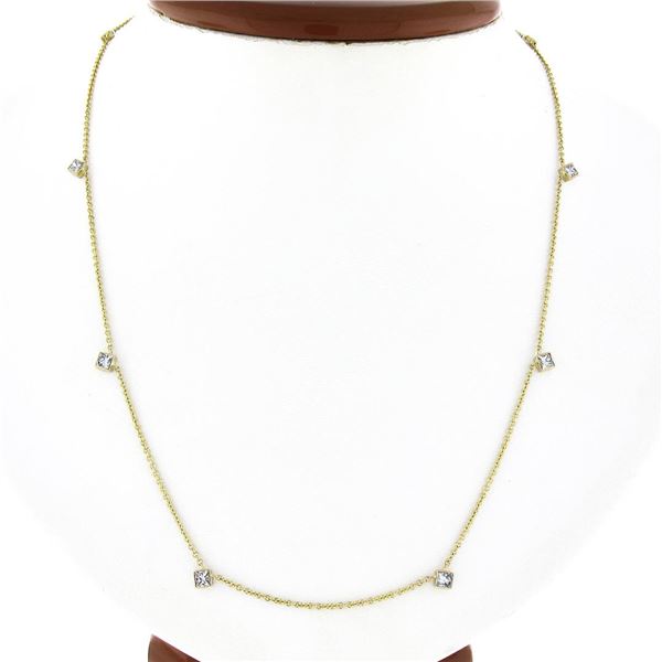 NEW 14K Gold 1.14 ctw Bezel Station Princess Diamond by the Yard Chain Necklace