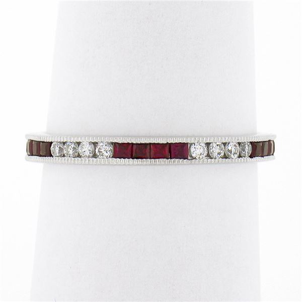 18k White Gold 0.70 ctw Square Ruby & Round Diamond Milgrain Eternity Band Ring