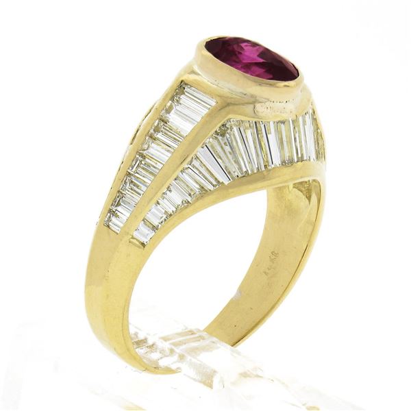 18K Yellow Gold 3.85 ctw GIA Burma No Heat Ruby Baguette Cut Diamond Cocktail Ri