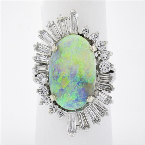 Vintage White Gold Oval Cabochon Opal & Diamond Ballerina Halo Cocktail Ring