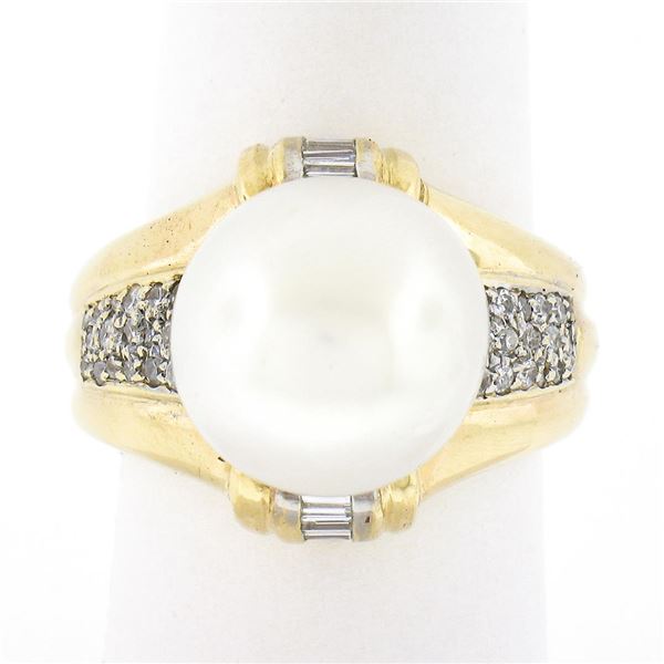 14K Yellow Gold Large 12.58mm South Sea Pearl Ring w/ Baguette & Round Diamonds