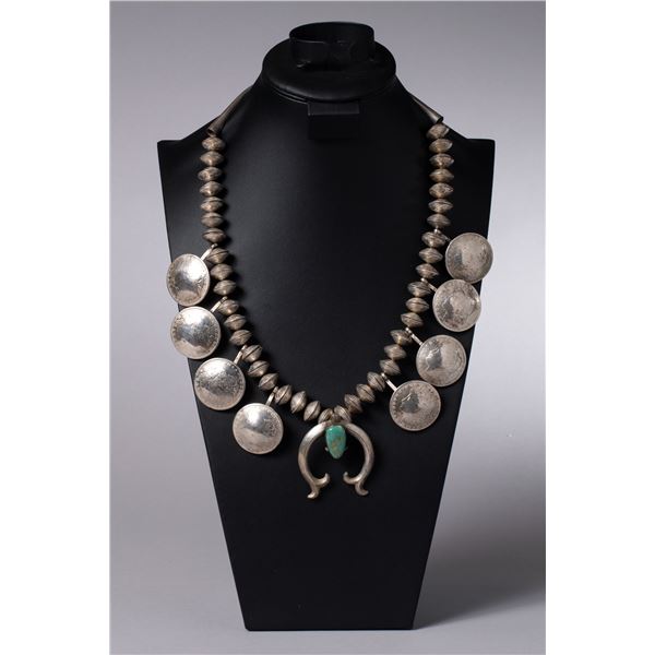 Vintage Navajo Morgan Dollar Coin Squash Blossom Necklace with Turquoise Naja