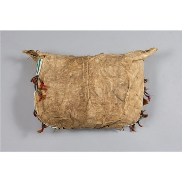 Early Northern Plains Teepee Bag,  Ca 1870-80s, beaded strips and horse hair with tin cones