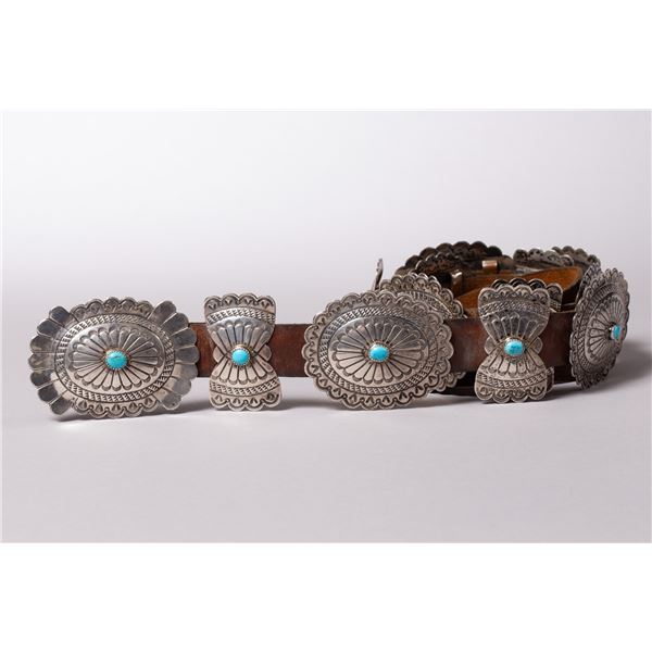 Navajo Sterling Silver Concho Belt with Turquoise Cabachons, Henry Blackgoat