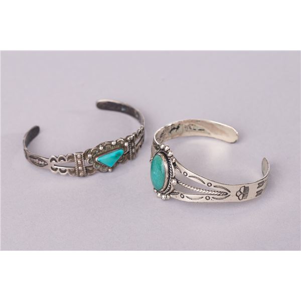 Lot of 2: Fred Harvey Era Petite Bracelets with Center Turquoise Stone with Storyteller Bands