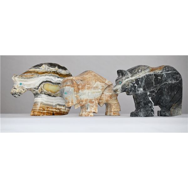 Lot of Three Hand Carved Sculptures of Marble and Onyx