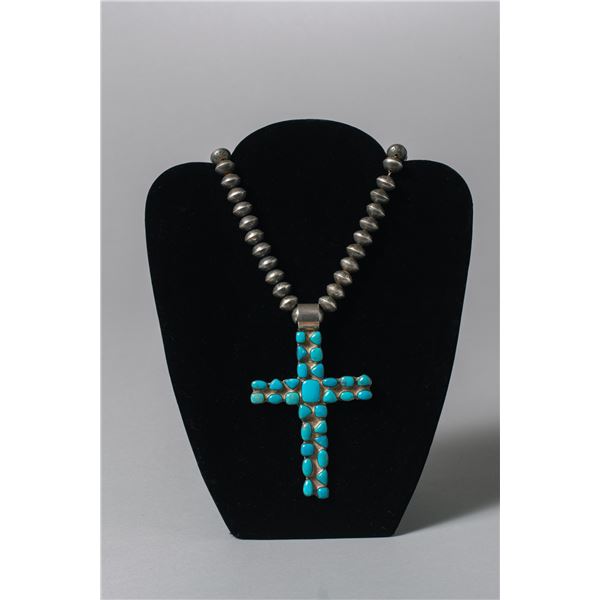 Vintage Navajo Stamped Silver Pearl Necklace with Pendant Cross of Turquoise Stones
