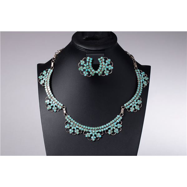 Zuni Turquoise Inlay Channel Choker with Matching Earrings