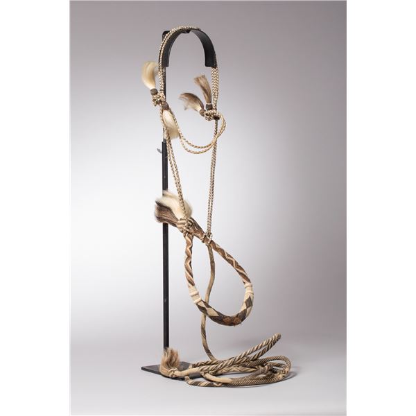 Lot of 2 Bridles: 1) Horsehair bridle in light neutral colors 2) New Mexico rawhide bridle and reins