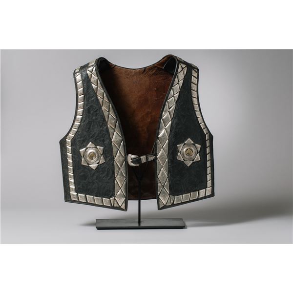 Vintage Western Black Vest adorn with Sterling Silver Diamond and Brass Horseheads in Conchos