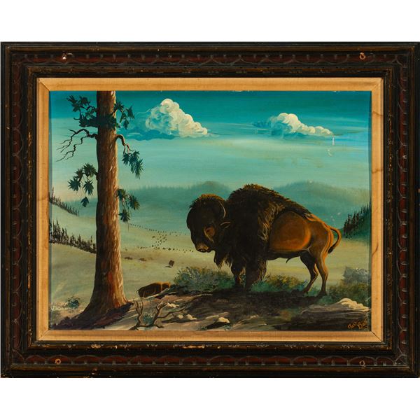 Lot of 2 Paintings: Vintage Buffalo Painting  2) Painting on Hide