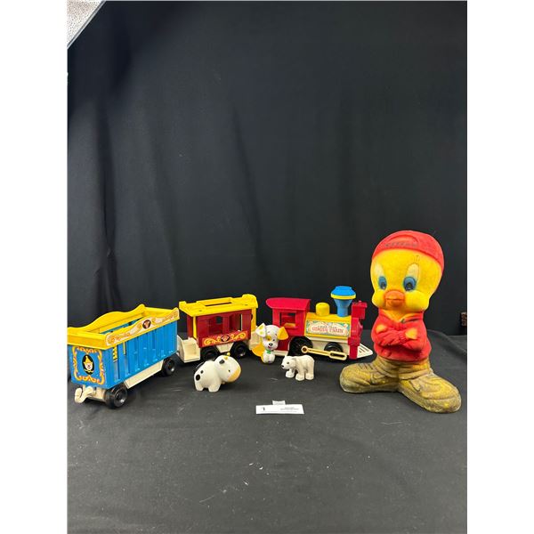 Vintage Fisher Price Circus Train + 11" Tall Tweety Bird Piggy Bank