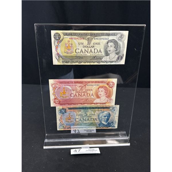 1972,73,74 Canadian 1,2 & 5 Dollar Display