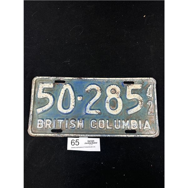 Hard to Find 1942 BC License Plate