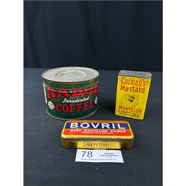 3 Vintage Tins Nabob Bovril & Colemans