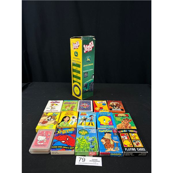 Large Lot of Childrens Playing Cards, Flinestones, Toy Story, etc + John Deer Jenga Game