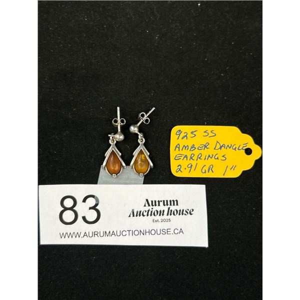 Pair of Sterling Silver Amber Dangle Earrings