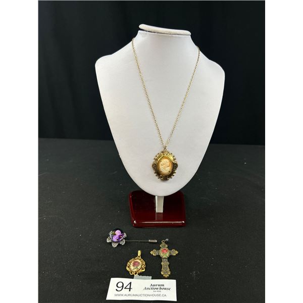 Lot of Vintage Ladies Jewelry, Stick Pin, Crucifix and Cameo on Chain