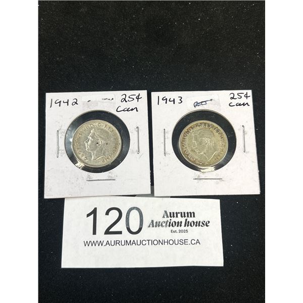 2 1942 + 1943 CDN Silver 25 Cent Coins