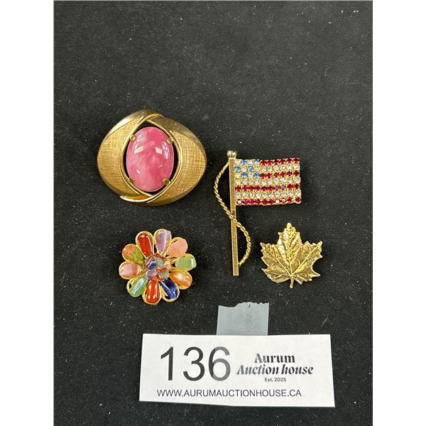 Pretty Vintage Goldtone Brooches - Polished Stone, Rhinestone