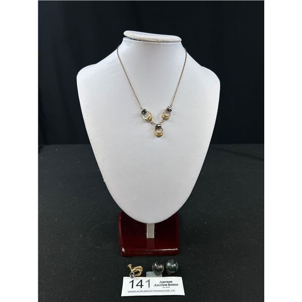 Lovely Vintage Hematite Necklace w/ Single Earring and Stone Button