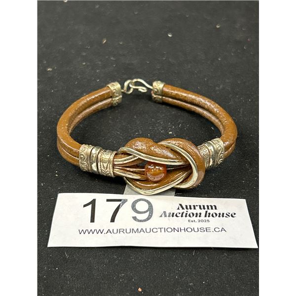 Vintage Leather w/ Silver + Amber Bracelet
