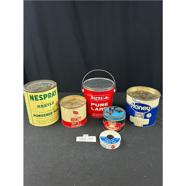 Lot of 5 Vintage Tins, Honey, Lard, Powder Milk, Etc