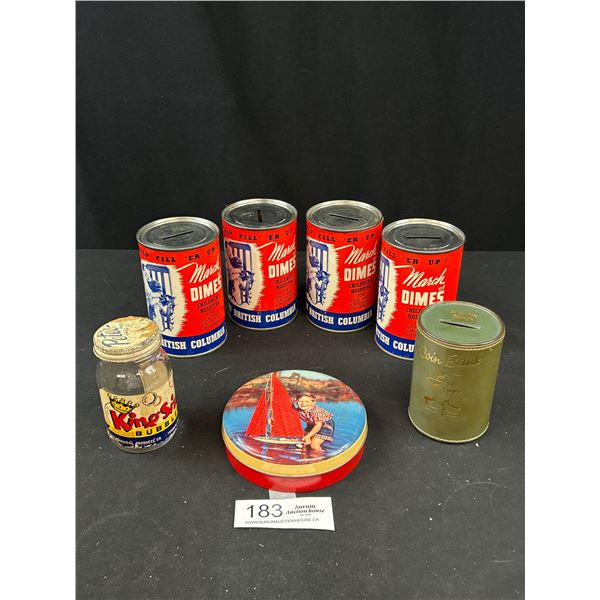 Lot of 7 Vintage Tins, March of Dimes, Toffee, King Size Bubbles and RCMP Coin Bank