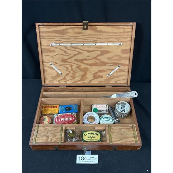 Vintage Wooden Artist Box Full of Small Store Tins