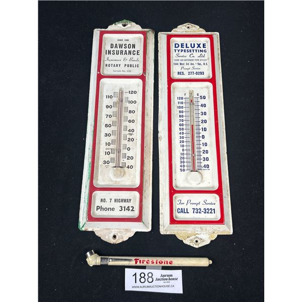 2 Vintage Metal Thermometers, Vancouver + Firestone Tire Gauge