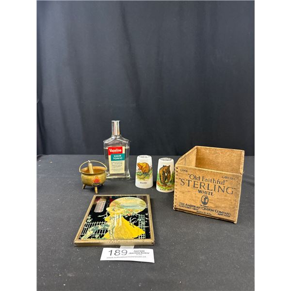 Vintage Sterling White Wooden Crayon Box, Filled w/ Vintage Collectibles