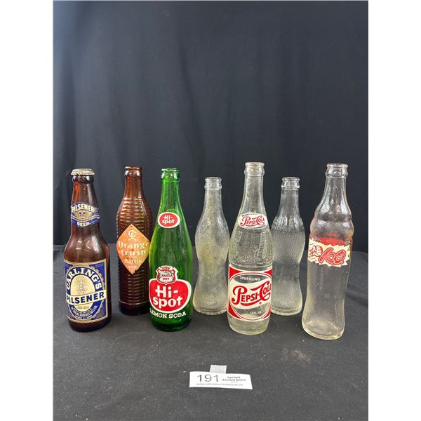 Lot of 7 Vintage Pop Bottles, Pepsi Cola, Orange Crush, Etc