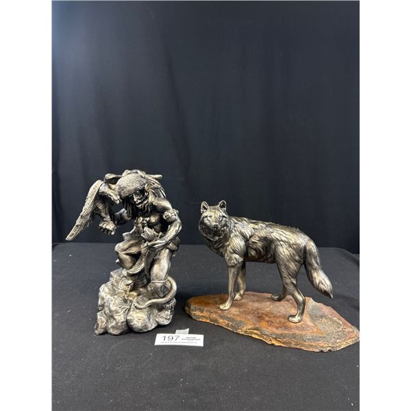 2 Sculpters, Wolf 8" Tall + 10" Tall Native Man w/ Eagle and Snake