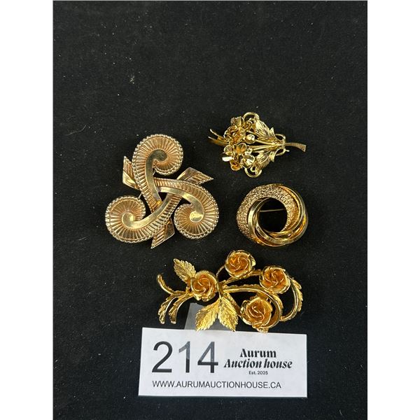 4 Heavy Yellow Gold Plated Vintage Brooches
