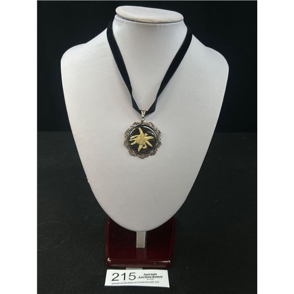 Rare Vintage 800 Silver Framed Genuine Edelweise Flower Pendant w/ Black Silk Band Necklace