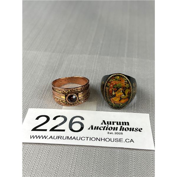 2 Unusual Vintage Rings, One Hand Painted + One Red Stone
