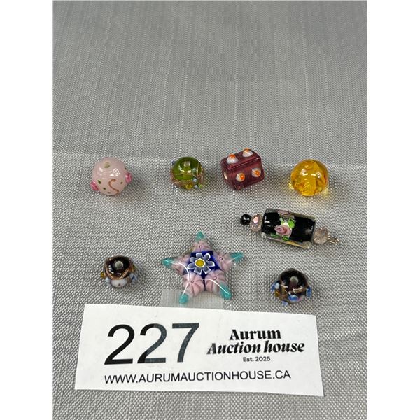 8 Vintage Murano Venetian Glass Beads, One Millefiori