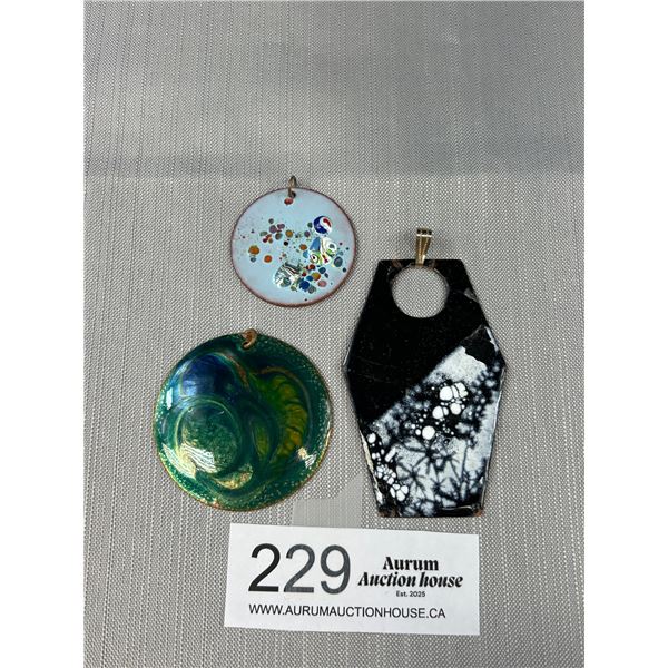 3 Great Vintage Enamel Copper Pendants, One Marked Jule Perrier Quebec