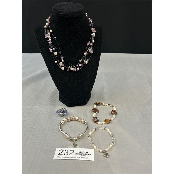 Genuine Triple Strand Pearls Necklace, 3 Bracelets + One Ring