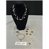 Image 1 : Genuine Triple Strand Pearls Necklace, 3 Bracelets + One Ring