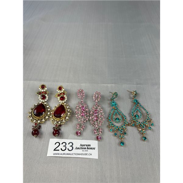 3 Pairs of Beautiful Rhinestones Large Dangle Earrings